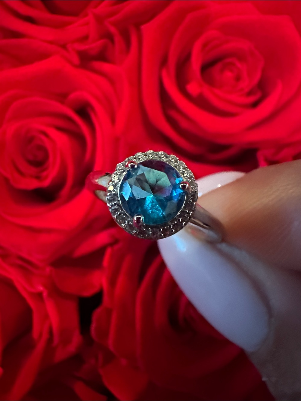 Blue Gemstone Halo Ring - Women Jewelry